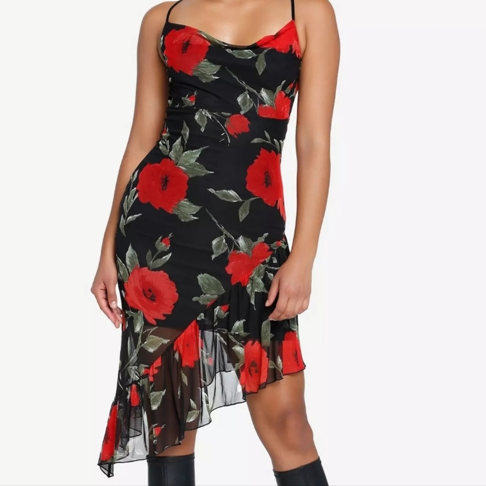 Just Polly Red Rose Asymmetrical Slip Dress Size Xl